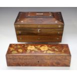 An early Victorian rosewood and mother-of-pearl inlaid workbox, width 28cm, together with an early
