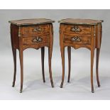 A pair of 20th century French parquetry veneered kingwood bedside chests with gilt metal mounts,