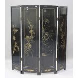 A 20th century Chinese black lacquered and gilt decorated four-fold screen, one side decorated
