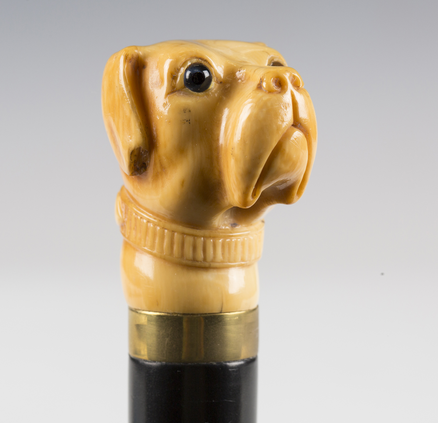 A 19th century ebonized walking cane, the ivory handle finely carved as a dog's head with inset