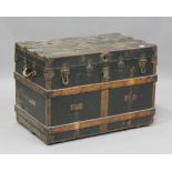 A late 19th century American brass bound travelling trunk by Henry Likly & Co, Rochester, New