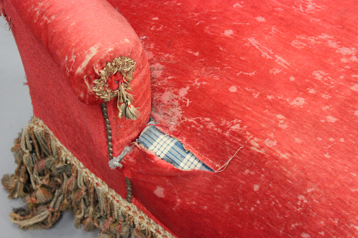 A late Victorian tub back daybed, upholstered in crimson velvet, raised on shaped legs, height 95cm, - Image 6 of 6