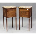 A pair of early/mid-20th century French mahogany and burr walnut bedside cabinets with marble