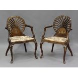 A pair of Edwardian Neoclassical Revival mahogany pierced fan back salon chairs with profusely