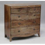 A Regency mahogany bowfront chest of mahogany-lined drawers, on splayed bracket feet, height 105.