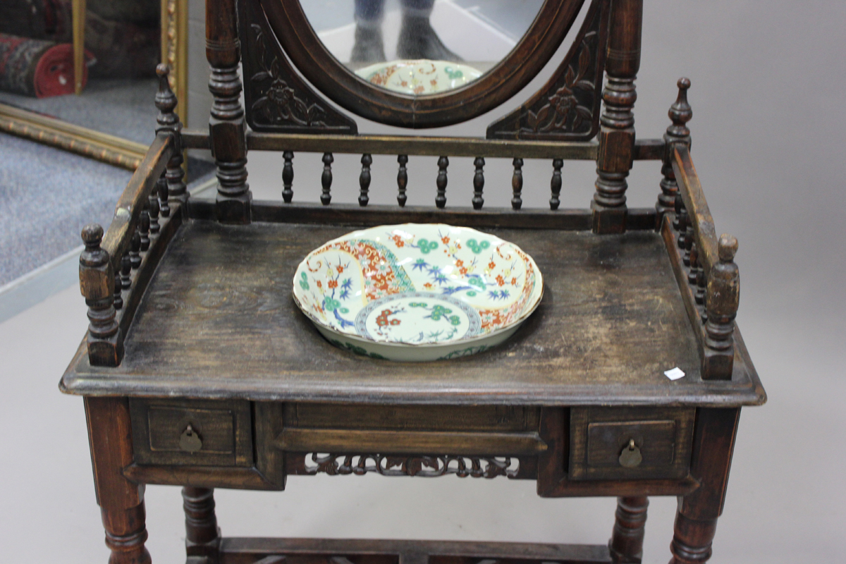 A 20th century Chinese stained softwood washstand with oval swing frame mirror, height 158cm, - Image 4 of 5