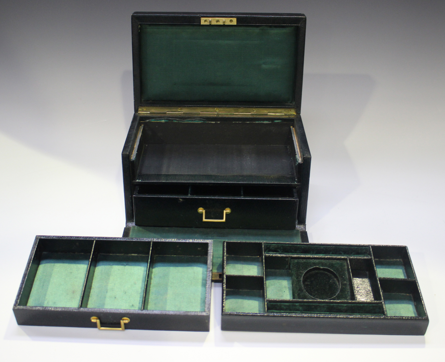 A late Victorian dark green leather jewellery box with hinged lid and fall-front, width 26cm, - Image 8 of 12