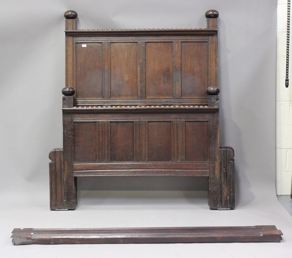 A 20th century oak panelled double bed frame, formed from 18th century oak panelling, height - Image 6 of 6