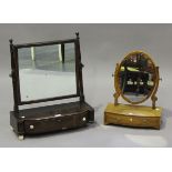 A 19th century rosewood swing frame mirror, fitted with three drawers, on bun feet, height 61cm,