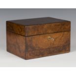 A mid-Victorian burr walnut jewellery box by Farthing & Thornhill, 42 Cornhill, the hinged lid