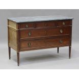 An early 19th century French mahogany commode of three short and two long drawers, on fluted legs,