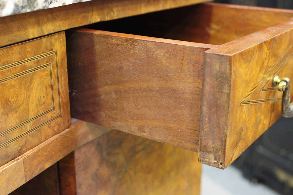 A French Art Deco pollard oak side cabinet with gilt metal mounts, the mirror back above a marble - Image 5 of 14