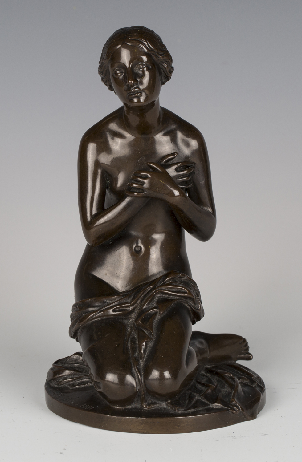 Jean-Louis Nicholas Jaley - La Prière, a late 19th century French brown patinated cast bronze figure