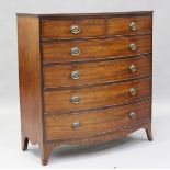 A George IV mahogany bowfront chest of two short and four graduated long drawers, on splayed bracket