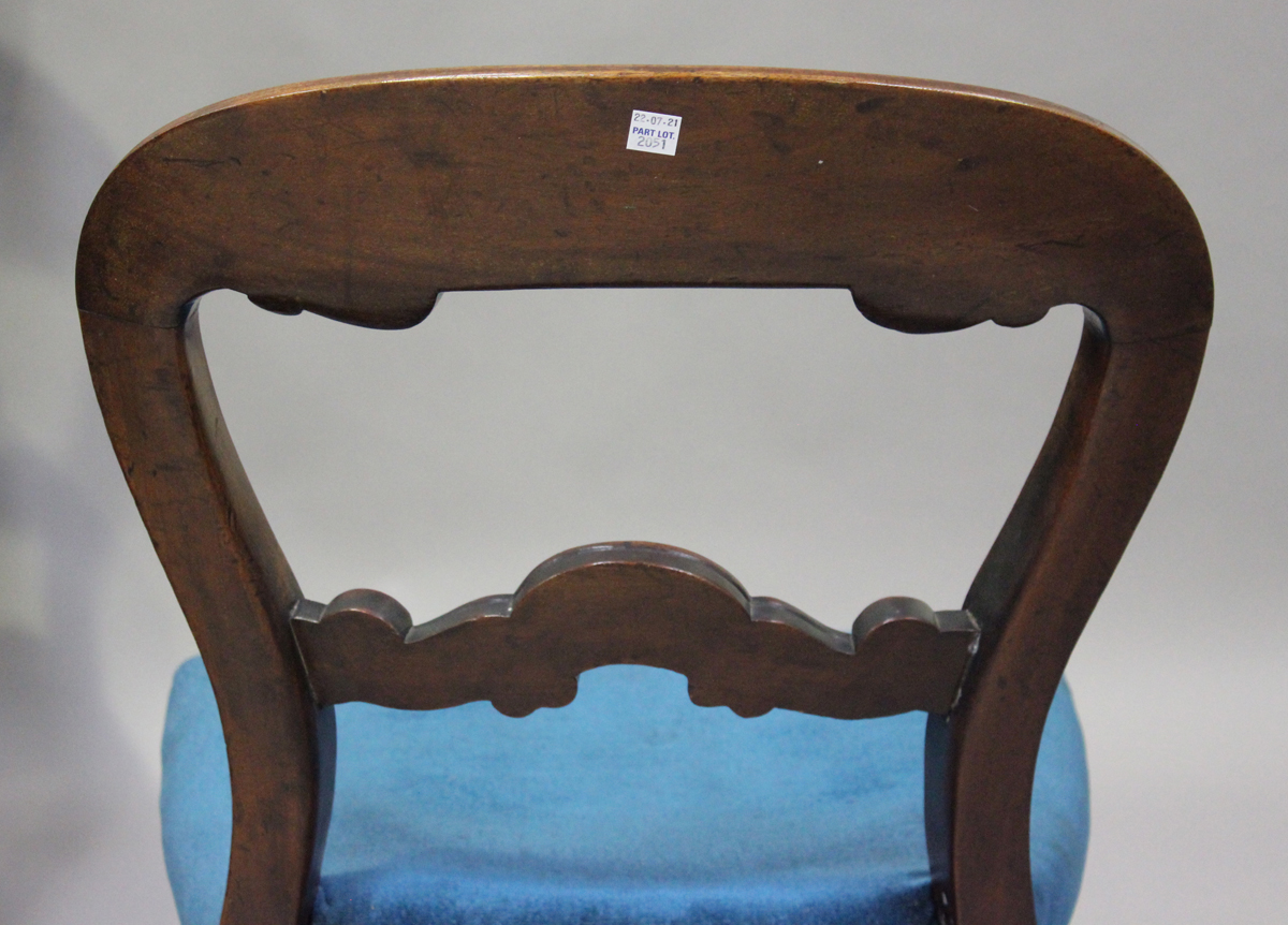 A set of six Victorian mahogany balloon back dining chairs, the overstuffed seats on turned legs, - Image 3 of 5