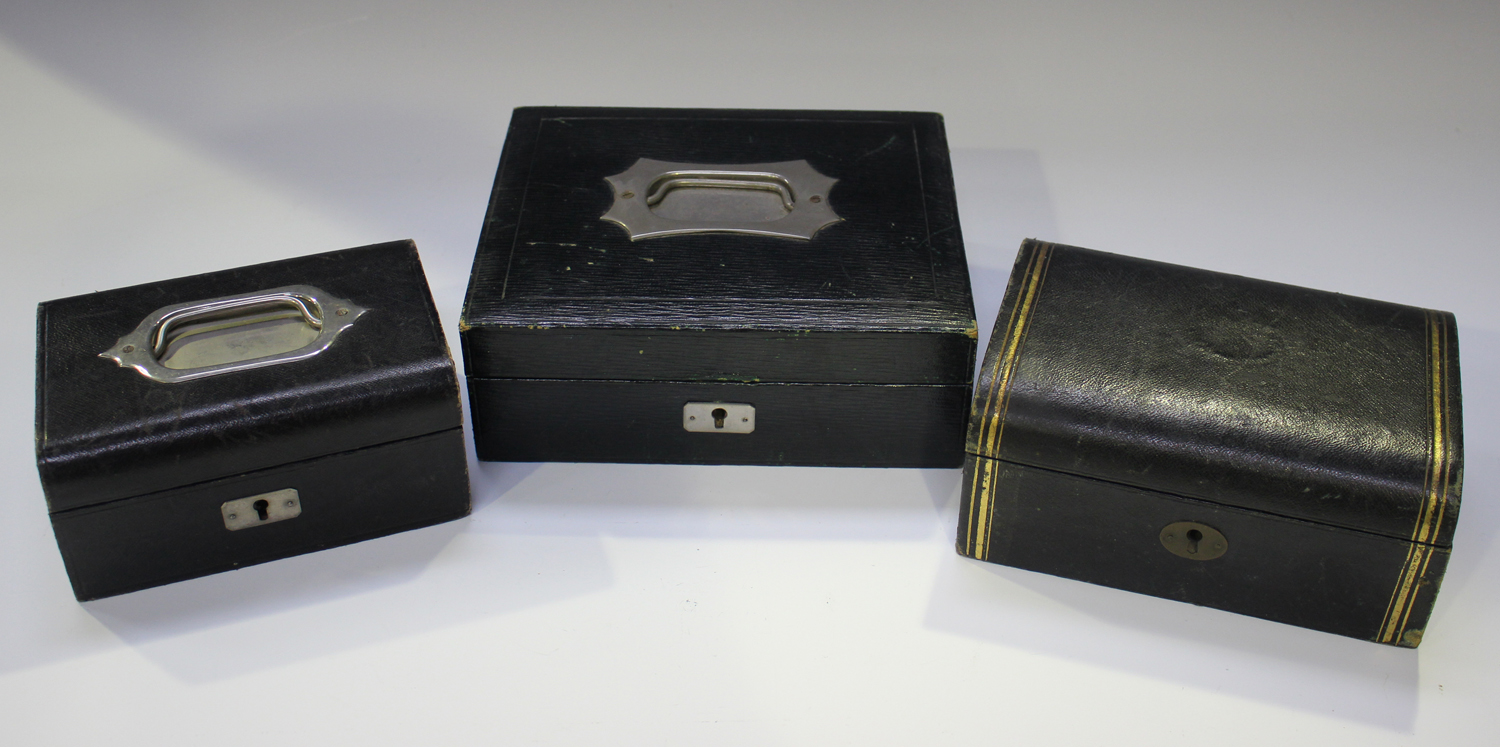 A late Victorian dark green leather jewellery box with hinged lid and fall-front, width 26cm, - Image 6 of 12