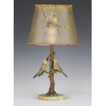 An early 20th century Viennese cold painted cast bronze table lamp in the form of two budgerigars