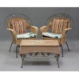 A modern wrought iron and wicker conservatory suite, comprising a settee, height 90cm, width