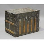 A 19th century French metal bound travelling trunk with strapwork decoration, height 64cm, width