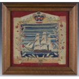 A late 19th century woolwork and metal thread panel of naval interest, finely worked with a ship