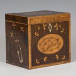 A George III mahogany and satin birch inlaid tea caddy, the lid and sides inlaid with floral sprigs,