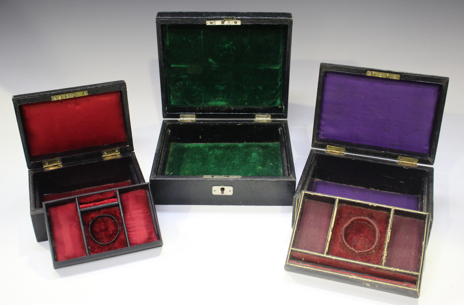 A late Victorian dark green leather jewellery box with hinged lid and fall-front, width 26cm, - Image 5 of 12