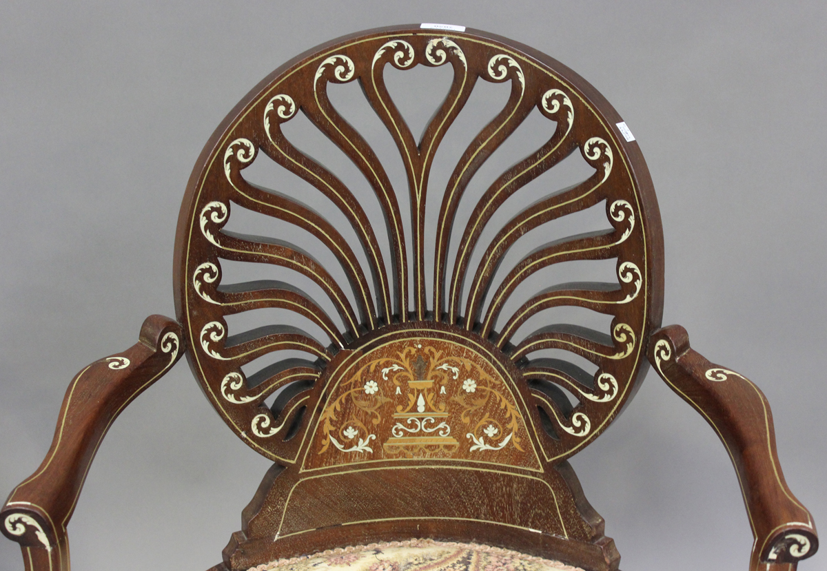 A pair of Edwardian Neoclassical Revival mahogany pierced fan back salon chairs with profusely - Image 11 of 11