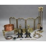 A collection of 19th century and later fireside accessories and other metalware, including a pair of