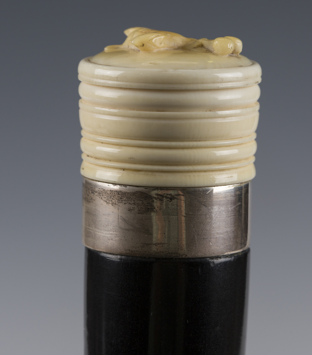 An Edwardian ebonized walking cane, the ivory handle top finely carved with the portrait of a dog' - Image 6 of 7