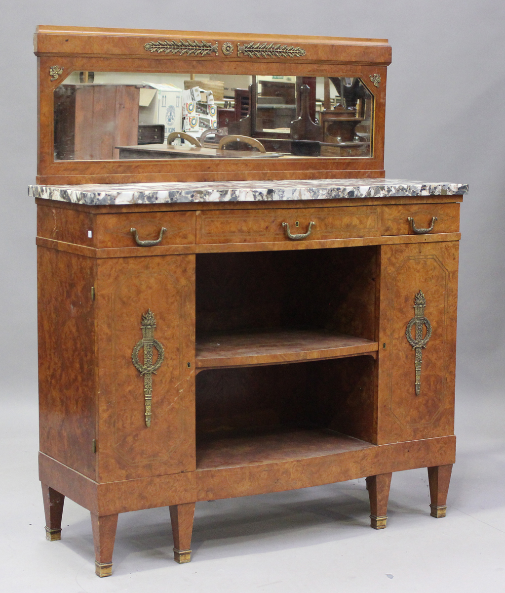 A French Art Deco pollard oak side cabinet with gilt metal mounts, the mirror back above a marble - Image 8 of 14