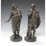 A pair of late 19th century patinated cast spelter figures of Shakespeare and Milton, raised on