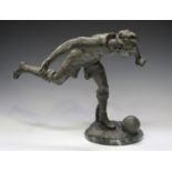 Lemoyne - a French patinated spelter figure of a footballer about to strike a ball, the base bearing