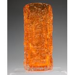 A Whitefriars textured range glass bark vase in orange, designed by Geoffrey Baxter, height 19cm.