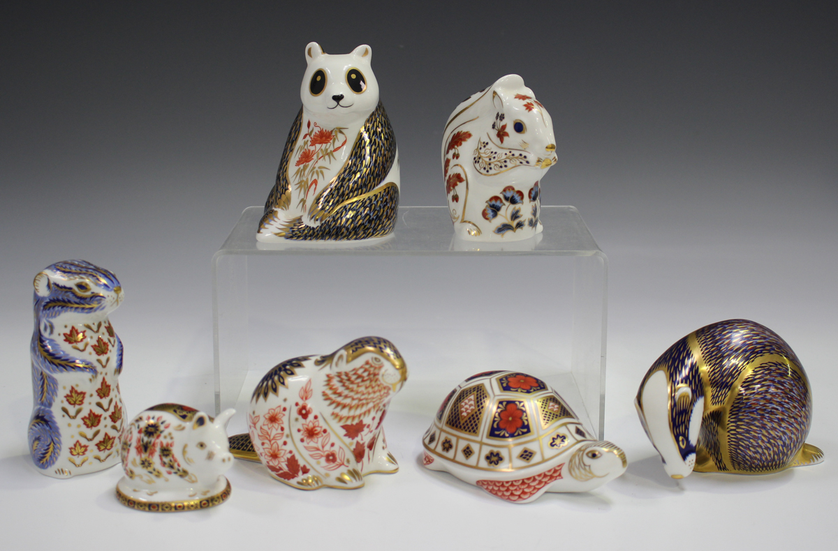 Seven Royal Crown Derby Imari palette animal paperweights, comprising Turtle, Beaver, Squirrel,