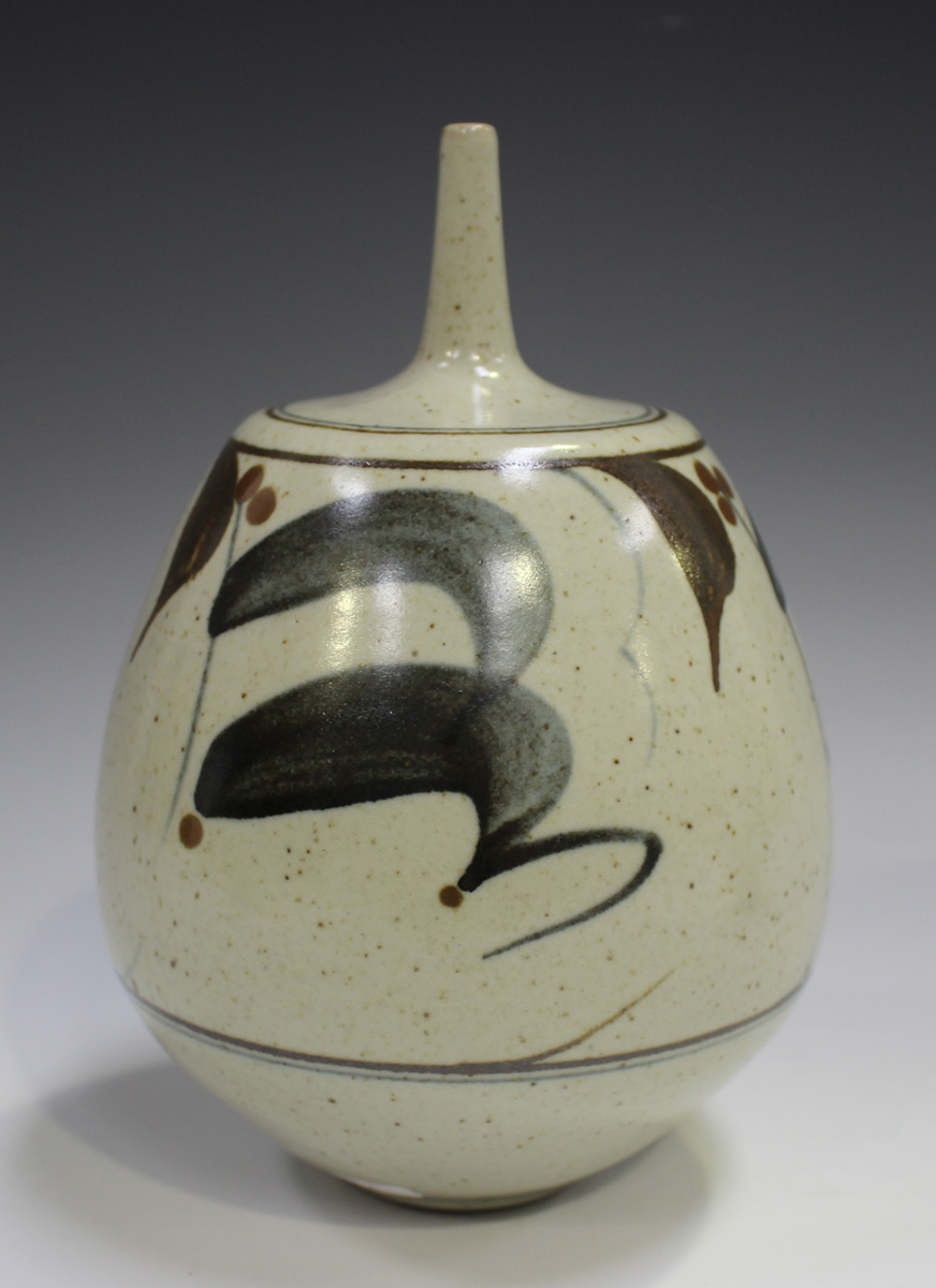 Two Derek Clarkson studio pottery vases, each with a narrow neck above a bulbous body, the oatmeal - Image 12 of 12