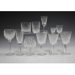 A Waterford Lismore pattern part suite of glassware, comprising six flutes, ten hock glasses, six