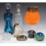 A mixed group of glassware, 20th century, including a mottled orange and aventurine vase with Monart