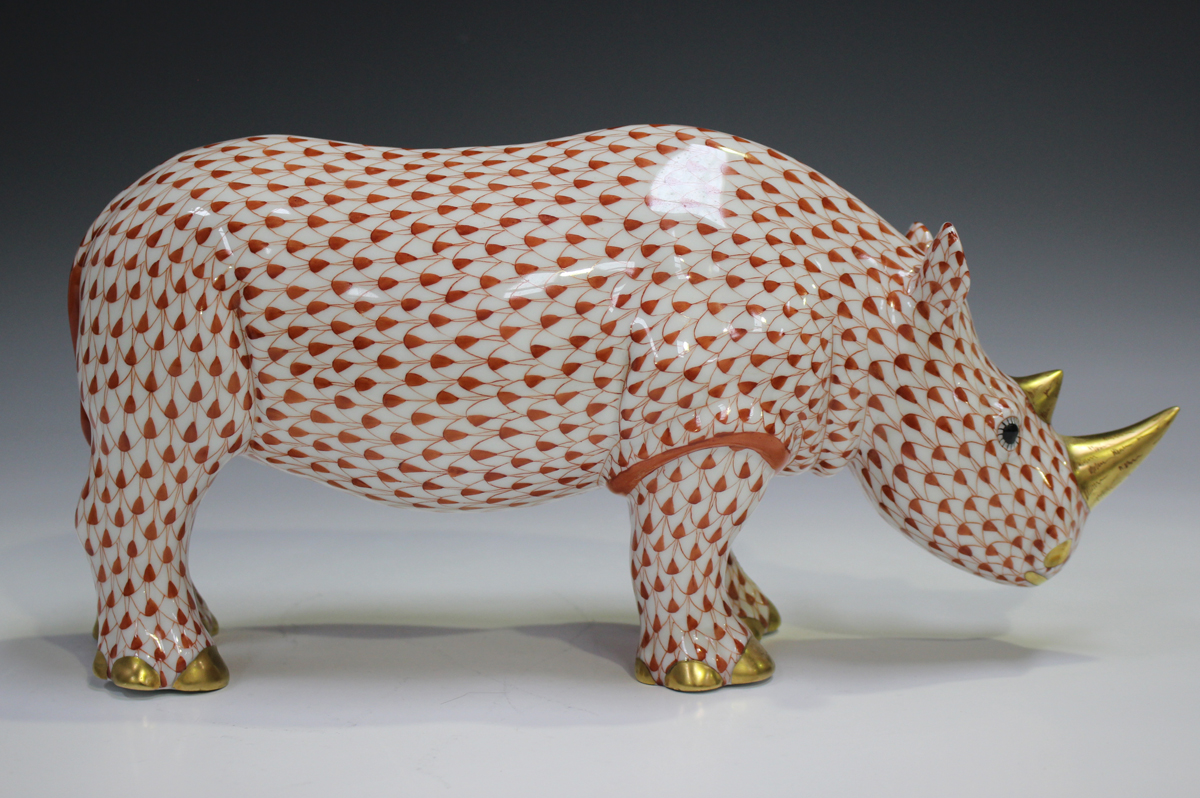 A large Herend porcelain rhinoceros with iron red scale decoration, impressed and printed marks to - Image 3 of 3