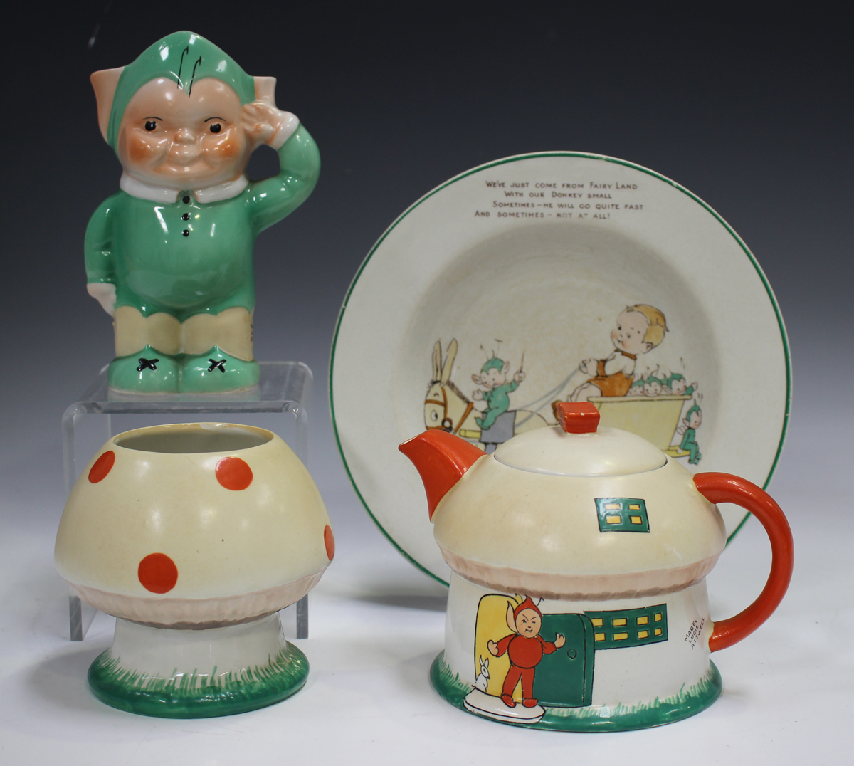 A Shelley Boo Boo three-piece nursery tea set, 1930s, designed by Mabel Lucie Attwell, comprising