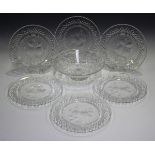 A Stuart cut, frosted and clear glass fruit set, decorated with a variety of fruits within hobnail