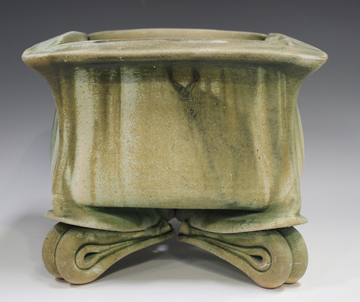 A John Alliston studio pottery square planter, late 20th century, raised on four stylized folded - Image 5 of 6