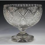 A large cut glass punch bowl, early 20th century, the circular bowl with diamond shaped hobnail