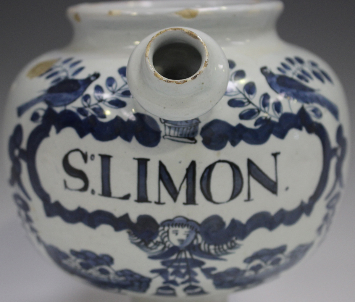 A Delft wet drug jar, 18th century, the globular body painted in blue with a cartouche, titled 'S: - Image 9 of 9