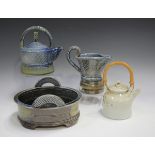 Four pieces of Jane Hamlyn studio pottery, including a salt glazed teapot, height 16cm, and a