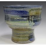 A large Jane Hamlyn studio pottery salt glazed footed bowl, decorated in shades of blue, green and