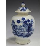 An English blue and white soft paste porcelain tea caddy and cover, mid-18th century, of ovoid form,