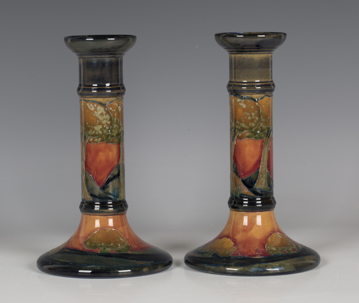 A pair of Moorcroft Eventide pattern candlesticks, circa 1925, each of cylindrical form, impressed - Image 5 of 7