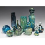 A small group of mostly Mdina glassware, including a Tiger pattern cube vase, circa 1977, height