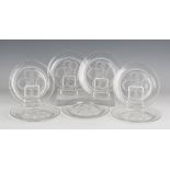 Seven Lalique clear and frosted glass Olympe pattern plates, circa 1940, each centre decorated