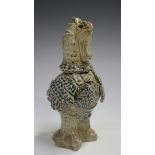 A Jennie Hale studio pottery salt glazed pot and cover, 1980s, modelled as a grotesque bird in a